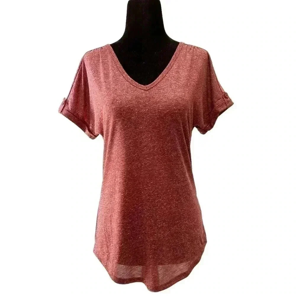 Ricki’s Linen Blend Loose Fit V Neck T-Shirt Burgundy Size XS
